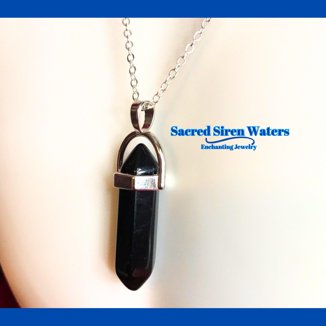 Obsidian Gemstone Pendant Crystal Point Necklace.