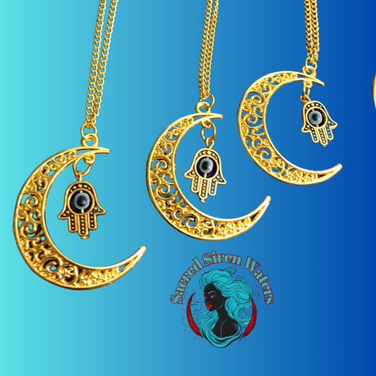 Crescent Moon with Hamsa hand evil eye Gold Charm Necklace.