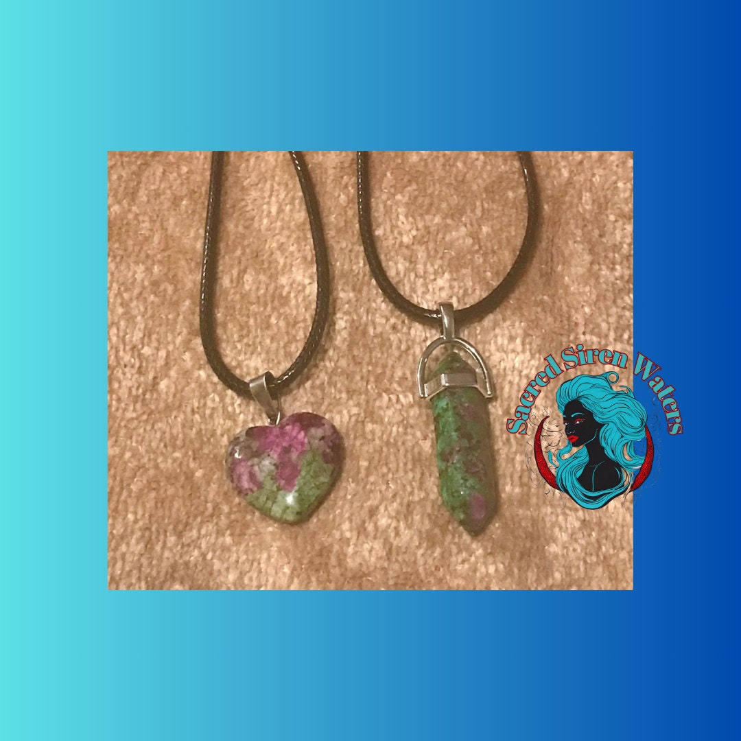 Ruby in Zoisite Heart and Crystal Point Gemstone Pendant Necklace set.