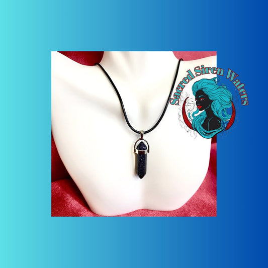 Blue Goldstone crystal point gemstone pendant necklace.