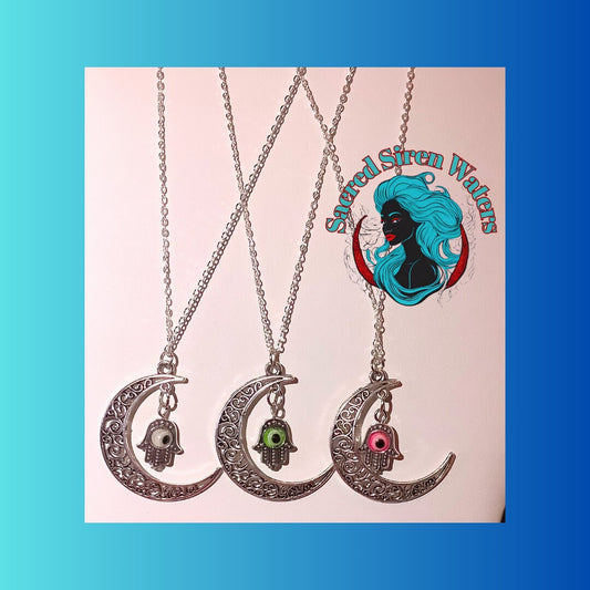 Silver Crescent Moon with Hamsa hand evil eye Charm Necklace.