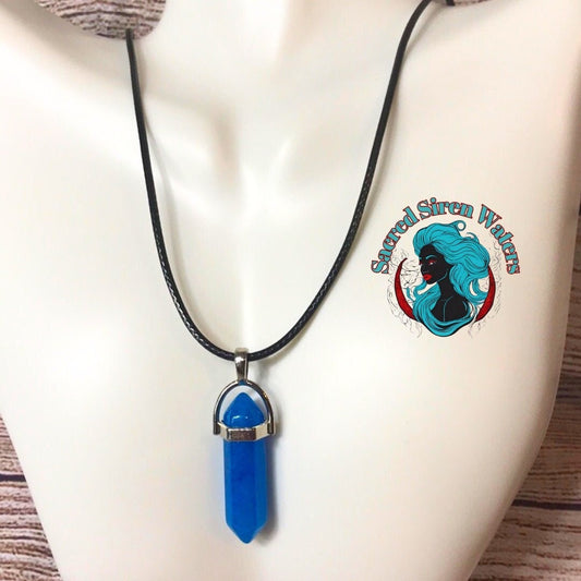 Blue Jade Gemstone Crystal Point Pendant Necklace.