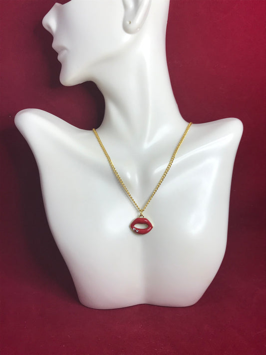 Mermaid Red Lips with Rhinestones Charm Necklace.