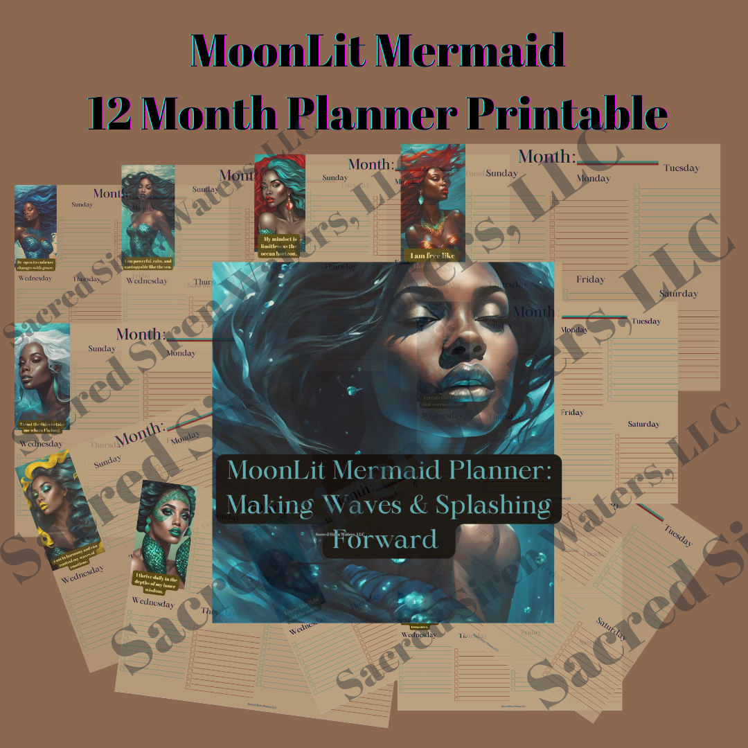 MoonLit Black Mermaid 12-Month Printable Digital Weekly To-Do List (PDF)