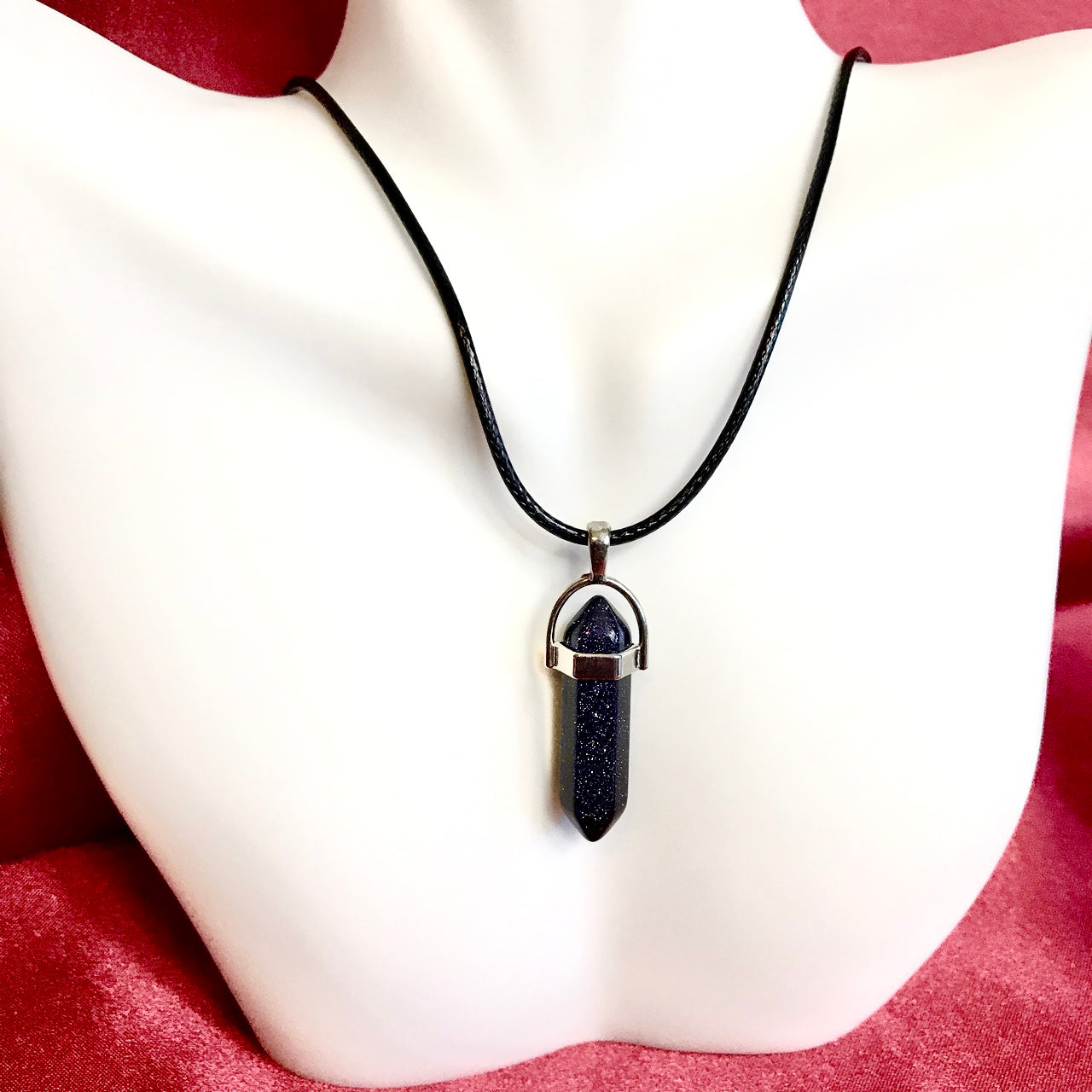 Blue Goldstone crystal point gemstone pendant necklace.