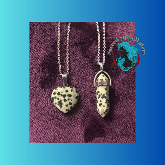 Dalmatian Jasper Heart and Crystal point gemstone pendant necklace set.